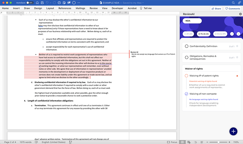Automated NDA reviews and redlines contracts