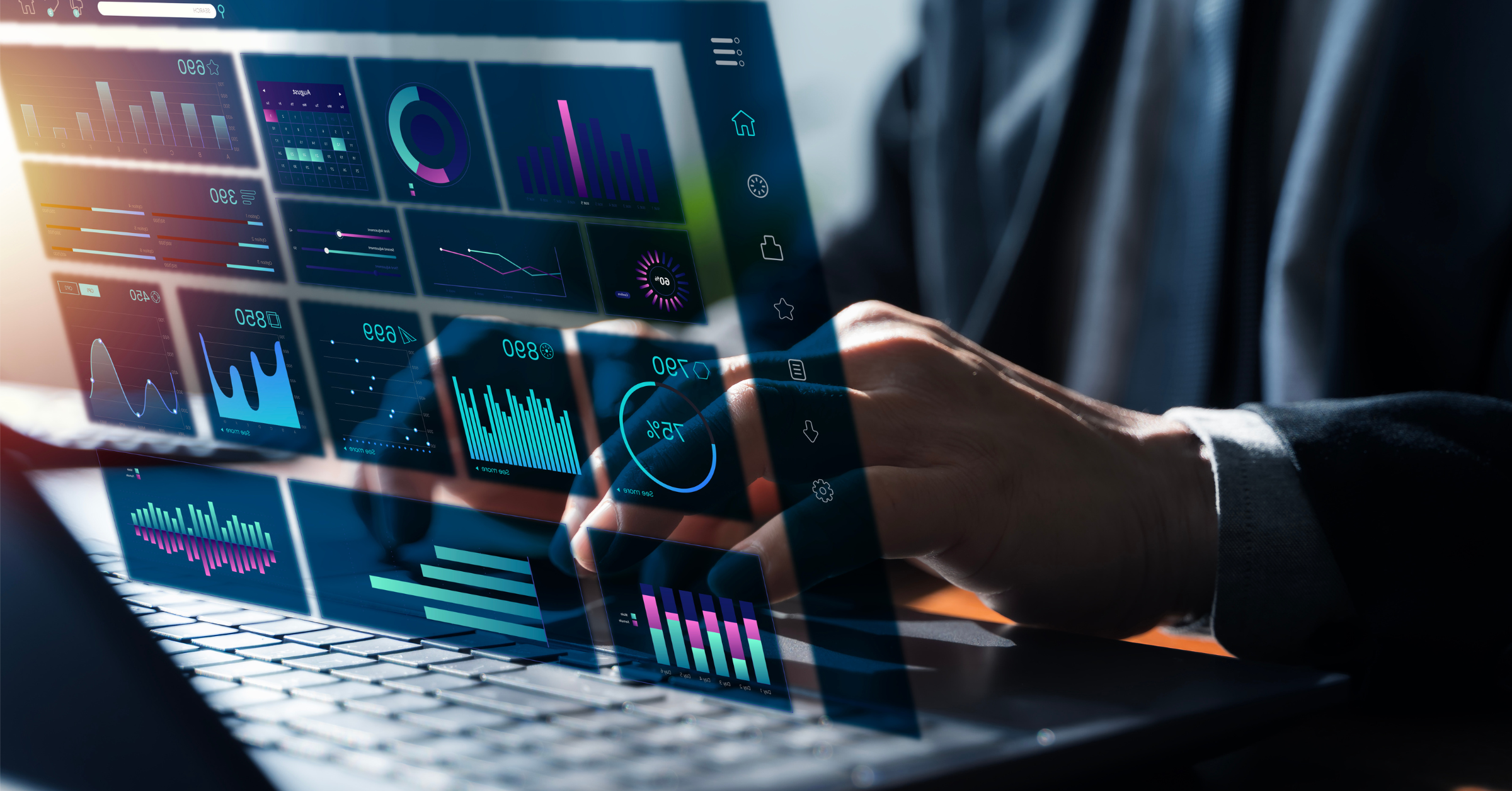 Business professional using a laptop displaying AI-powered legal analytics dashboards with charts, performance metrics, and workflow data visualizations.
