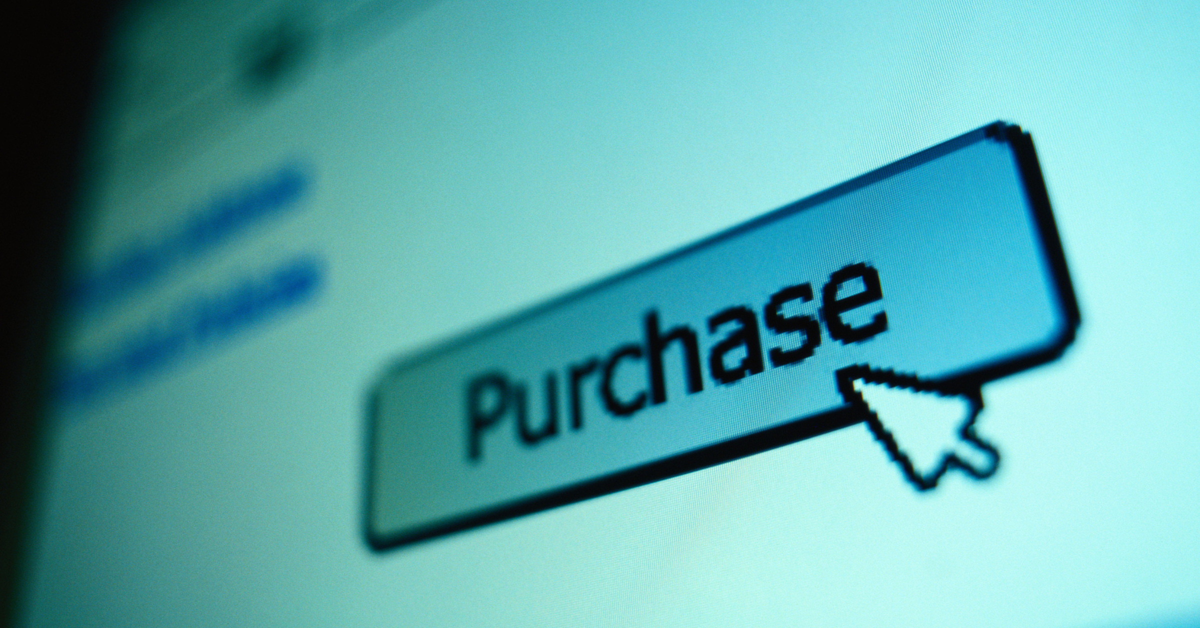 Close-up of a computer screen displaying a Purchase button with a cursor selecting it, representing digital procurement, online purchasing, and government technology acquisition.