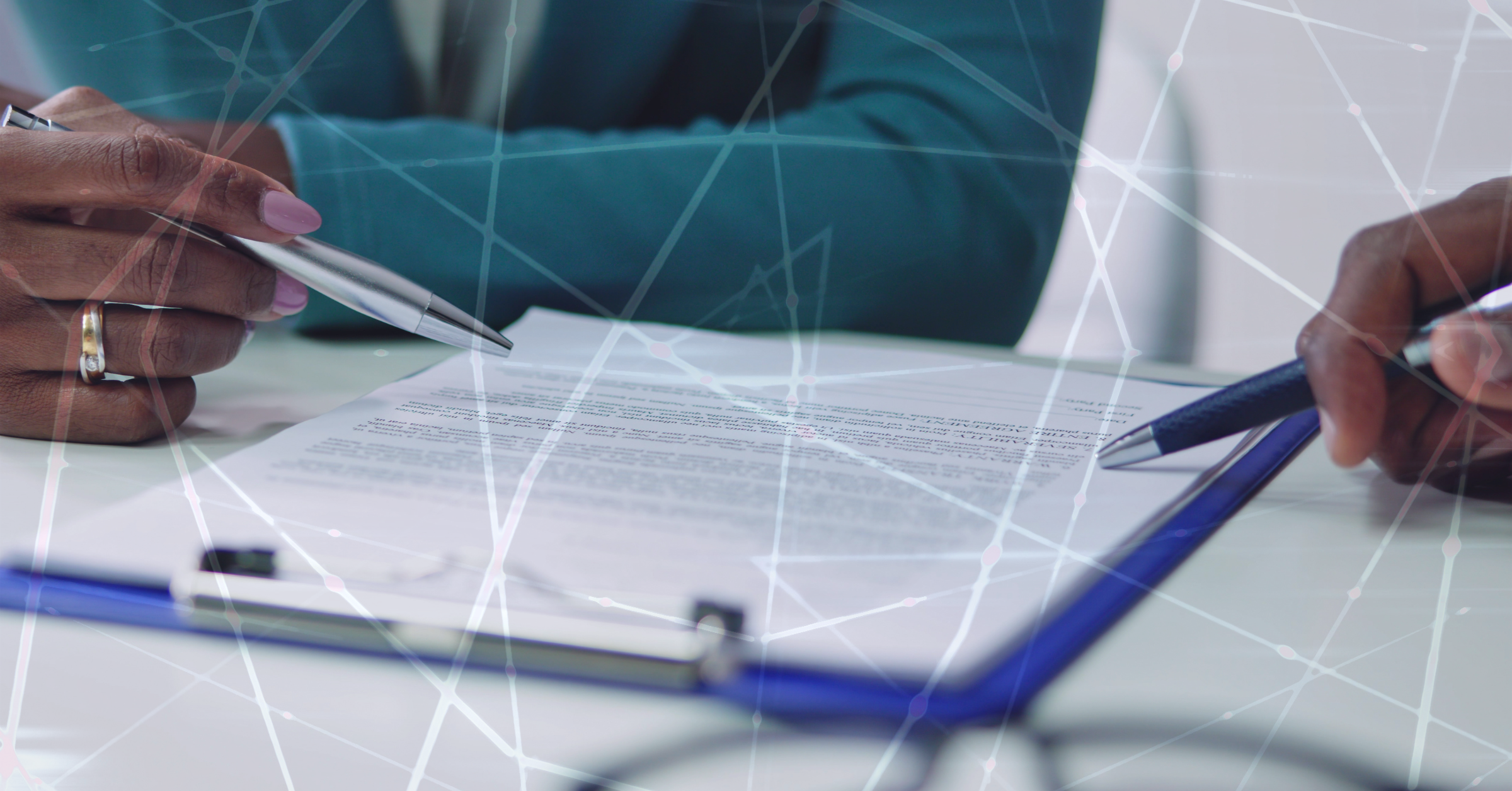 Two professionals reviewing a document with pens, overlaid with a digital network graphic representing connected data and technology.
