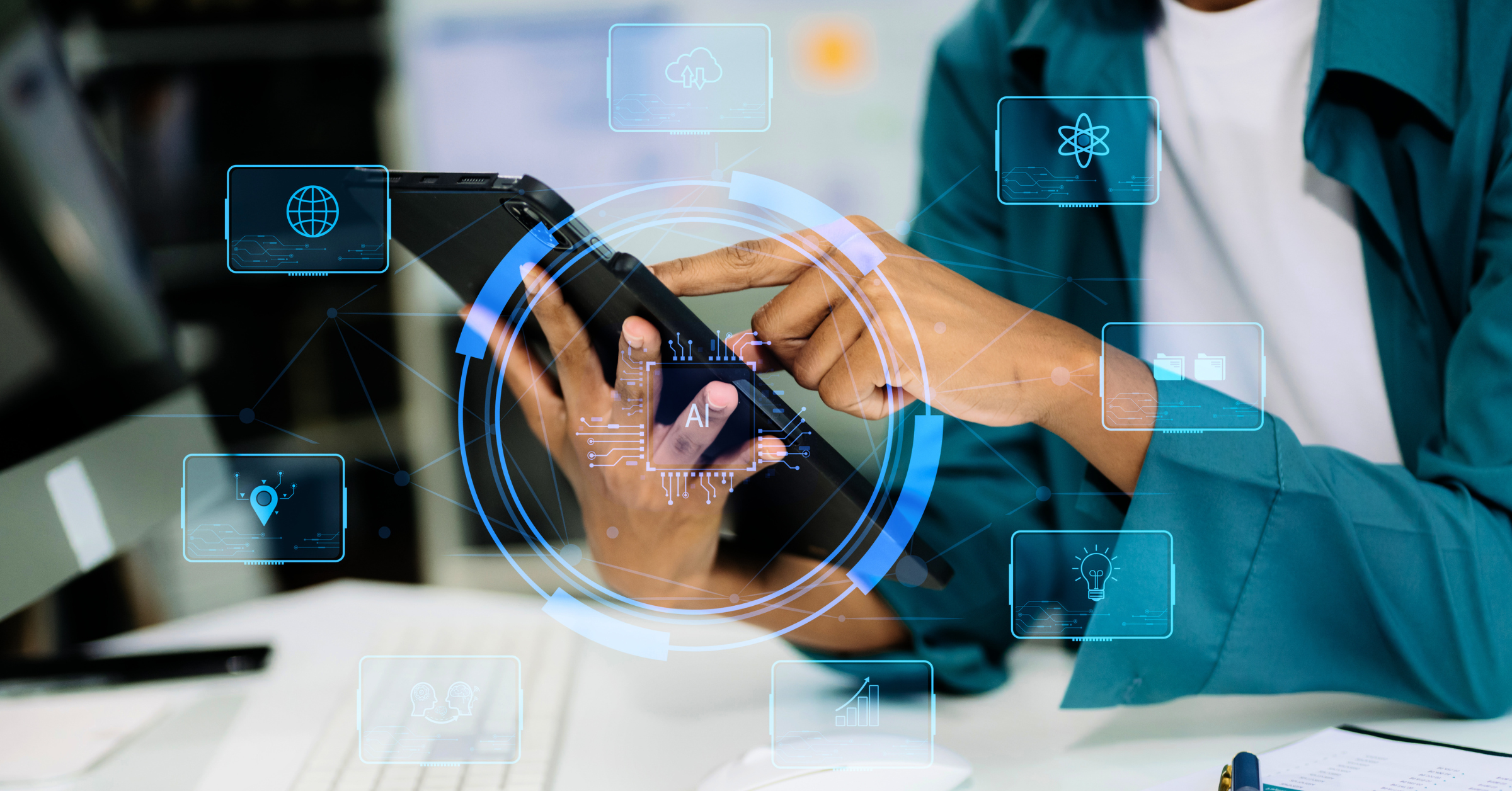 Professional using a tablet surrounded by AI-powered digital interface elements, highlighting connected workflows, cloud technology, analytics, and business innovation.