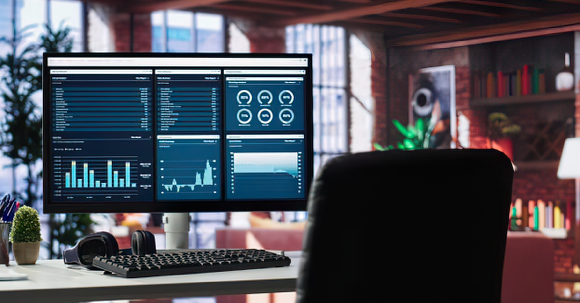 Computer monitor displaying data dashboards, charts and analytics in a modern office.