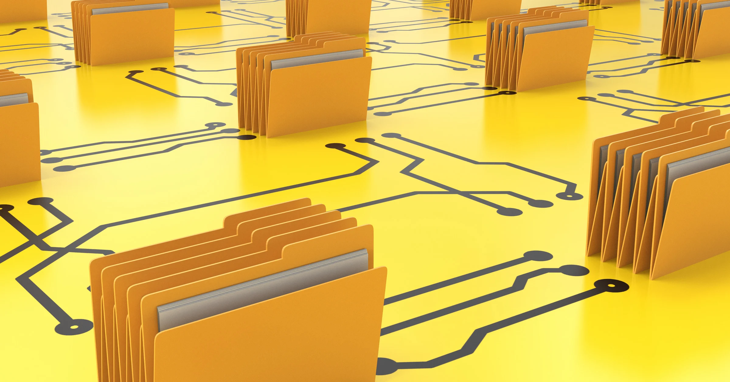 Digital contract repository illustration showing organized file folders connected through a network, representing centralized contract storage, contract organization, and searchable contract management systems.