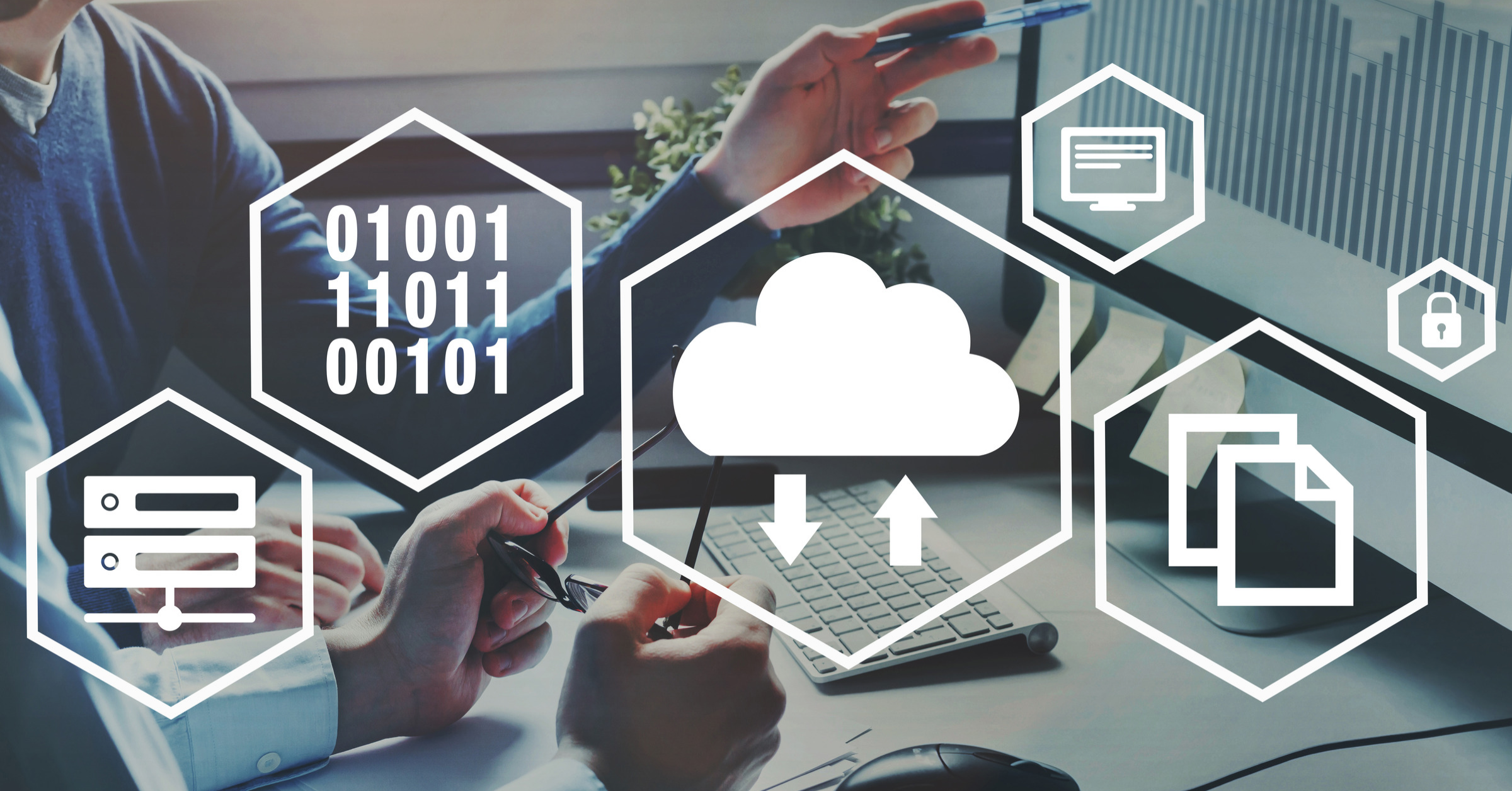 Cloud data storage, file management, and cybersecurity technology concept.